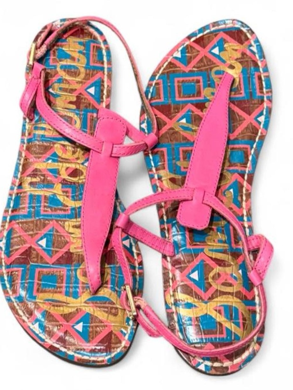 BRAND NEW Sam Edelman Gigi Pink Geometric Tribal T-Strap Sandals Size 8M